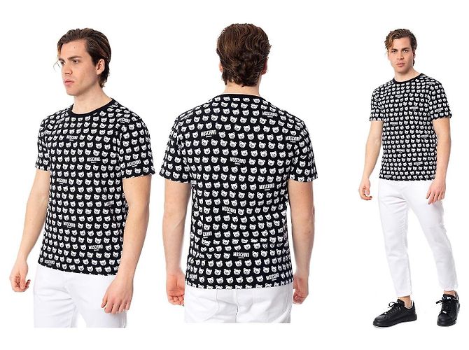 T-shirt nera Moschino da uomo con orso e logo all over Nero Bianco - vista 3