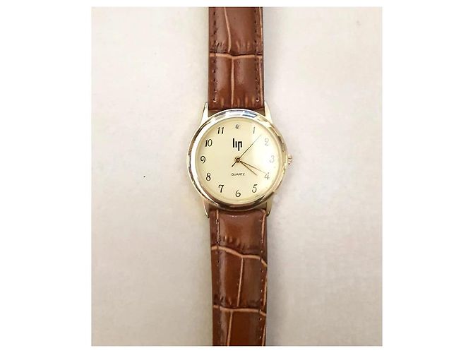 Reloj LIP classics con correa de cuero estilo cocodrilo - NUEVO Castaño Beige Dorado - vista 3