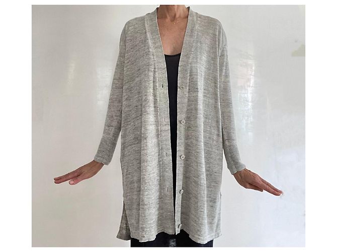 Autre Marque Langer Mantel oder Strickjacke aus grauem Leinen für den Strand in Größe 38-40. - Ansicht 2