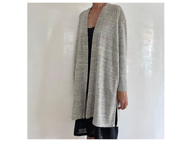 Autre Marque Langer Mantel oder Strickjacke aus grauem Leinen für den Strand in Größe 38-40. - Ansicht 5
