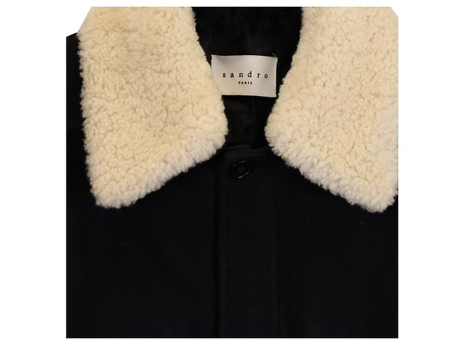 Sandro Heron Shearling Collar Jacket in Navy Blue Polyester - view 2