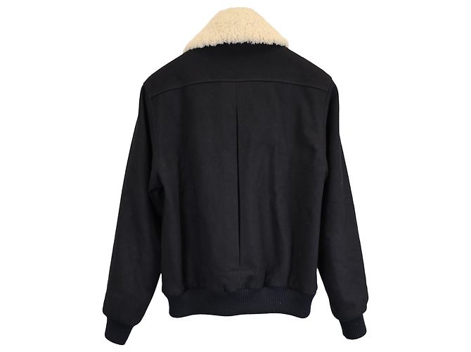 Sandro Heron Shearling Collar Jacket in Navy Blue Polyester - view 3