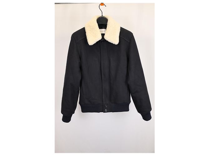 Sandro Heron Shearling Collar Jacket in Navy Blue Polyester - view 4
