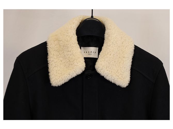 Sandro Heron Shearling Collar Jacket in Navy Blue Polyester - view 5