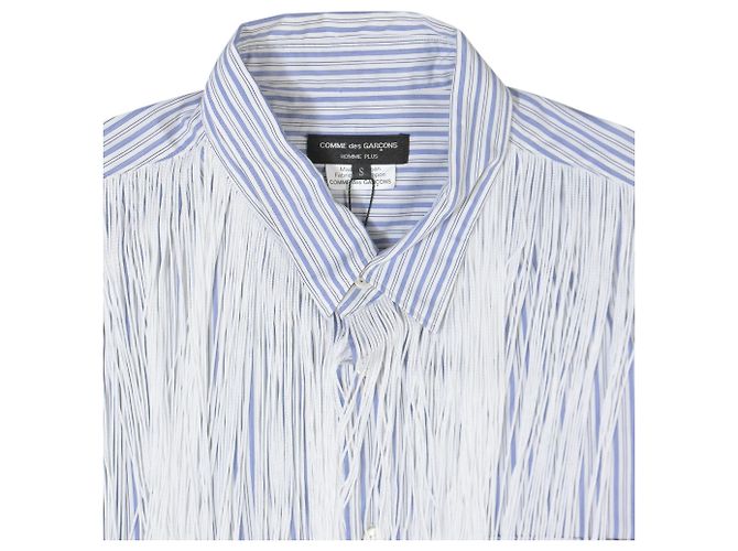 Comme Des Garcons Comme des Garçons Homme Plus gestreiftes Fransenhemd aus hellblauer Baumwolle - Ansicht 4