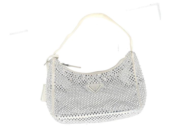 Re-Edition Riedizione Prada impreziosita da cristalli 2000 Borsa in Raso Crema Argento Metallico - vista 10
