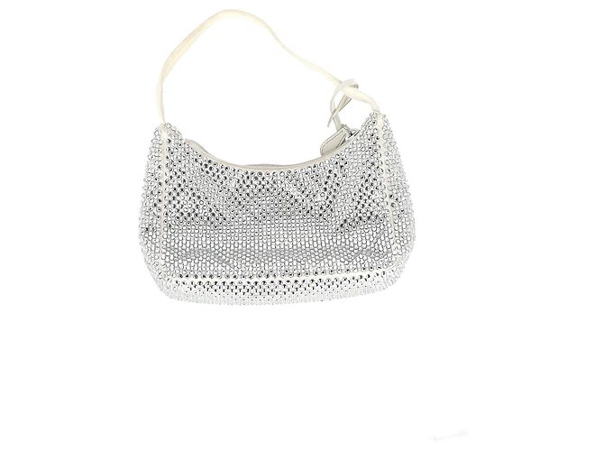 Re-Edition Riedizione Prada impreziosita da cristalli 2000 Borsa in Raso Crema Argento Metallico - vista 11
