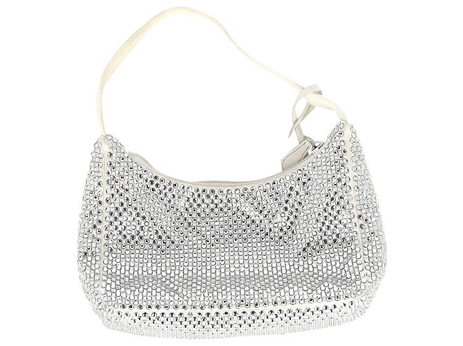Re-Edition Riedizione Prada impreziosita da cristalli 2000 Borsa in Raso Crema Argento Metallico - vista 2