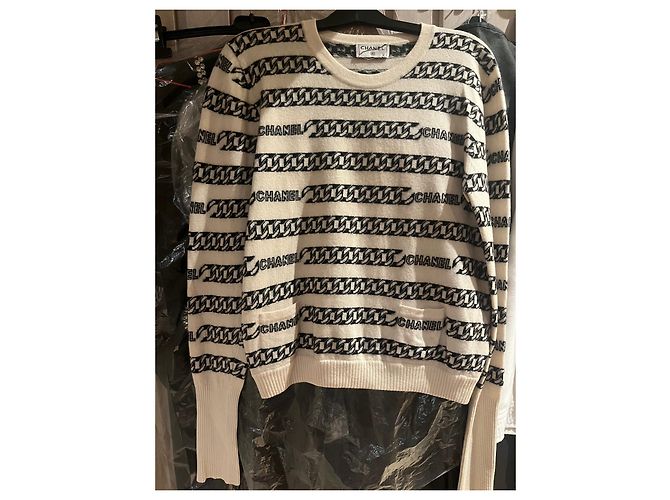 Chanel Kaschmir Pullover und Hose Set mit Kettenmuster Schwarz Beige - Ansicht 2