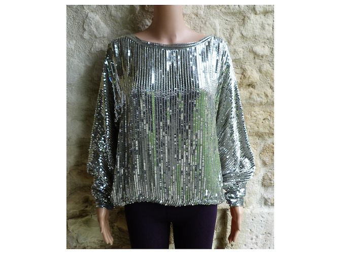Blusa Dior in seta con paillettes e perle metalliche argento - vista 2