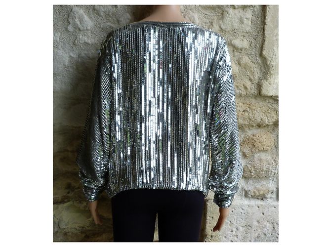 Blusa Dior in seta con paillettes e perle metalliche argento - vista 5