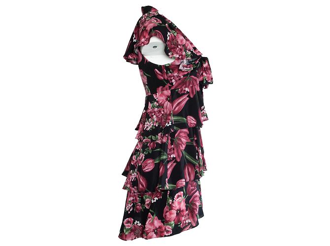 Flavio Castellani, schwarzes Kleid mit Blumendruck Mehrfarben - Ansicht 2
