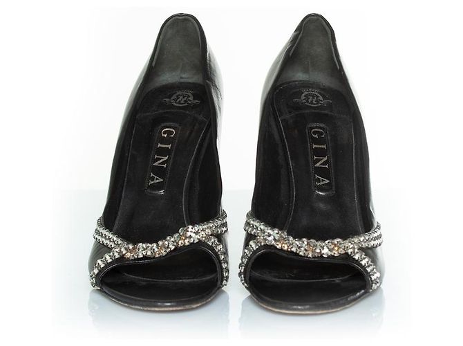 Gina, Décolleté spuntate in pelle nera con strass Nero - vista 5