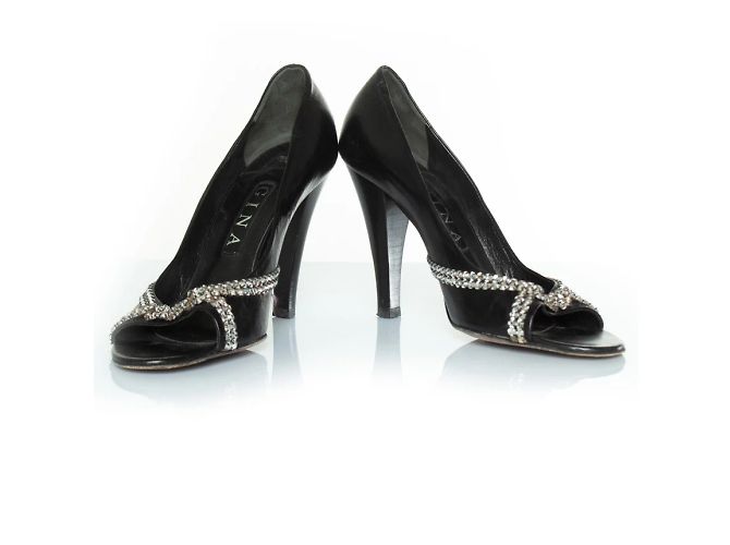 Gina, Décolleté spuntate in pelle nera con strass Nero - vista 6