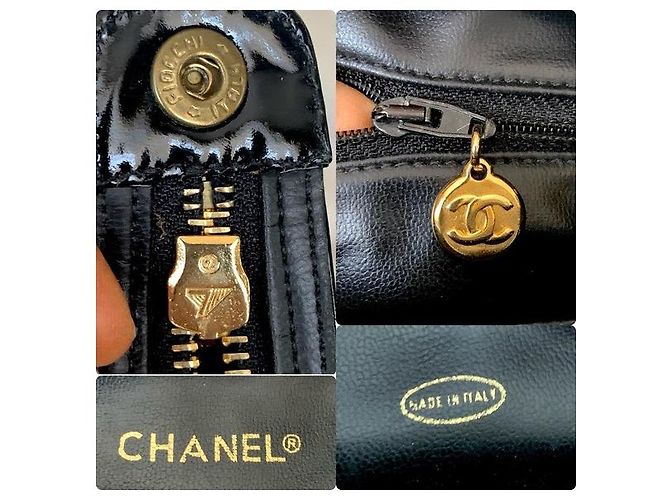 Mademoiselle Bolso de hombro de cuero charol con acolchado de diamante y colgante de medallón CC de CHANEL. Negro - vista 10