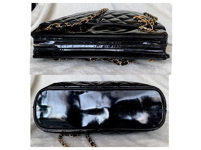 Mademoiselle Bolso de hombro de cuero charol con acolchado de diamante y colgante de medallón CC de CHANEL. Negro - vista 11