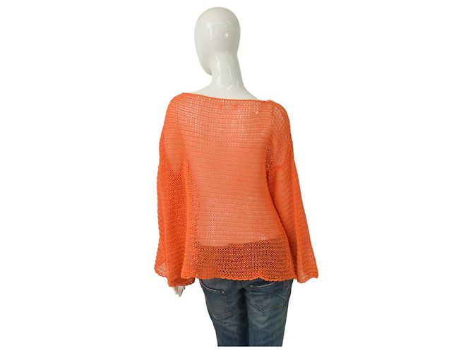 Vicolo Glitzerndes Orangefarbenes Stricktop mit Lochmuster - Ansicht 2