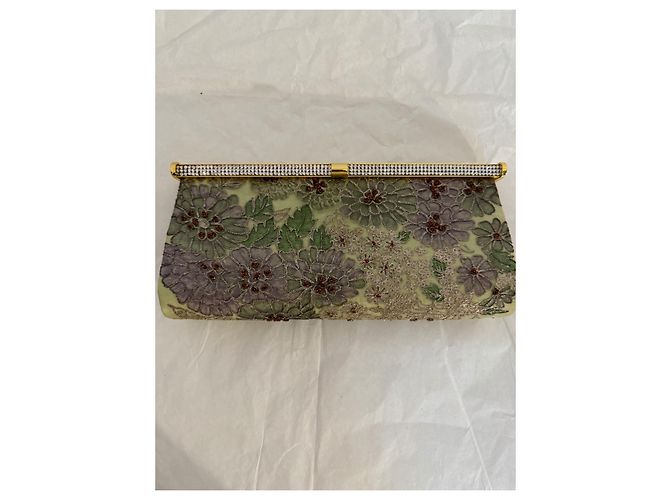 Autre Marque Borsa Leu Locati verde in pizzo e raso con strass - vista 3
