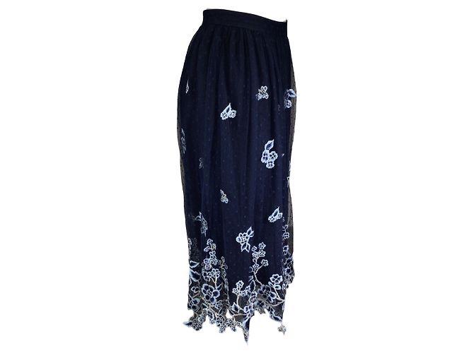 Falda midi de tul de malla con bordado floral azul marino Biyan - vista 2