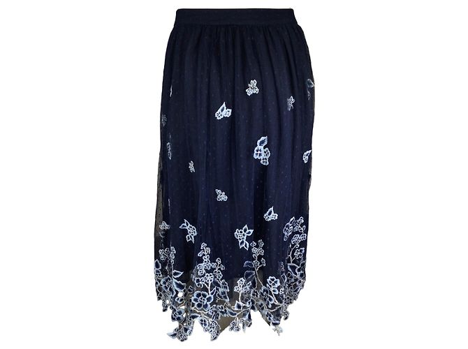 Falda midi de tul de malla con bordado floral azul marino Biyan - vista 3