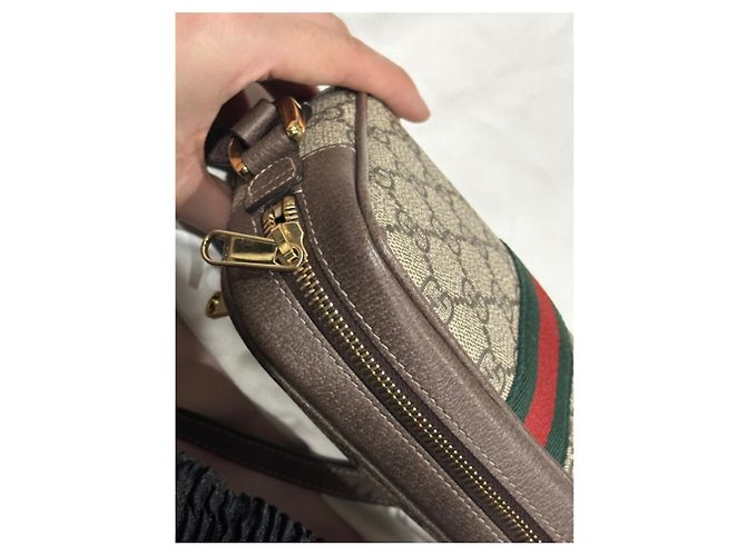 Borsa a mano Gucci Mini Ophidia GG in nylon marrone chiaro - vista 5