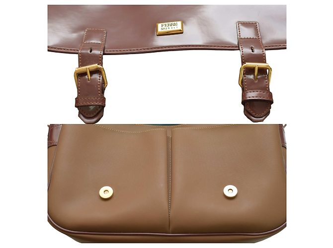 Borsa a tracolla Gianfranco Ferré in tela e pelle vernice marrone - vista 10