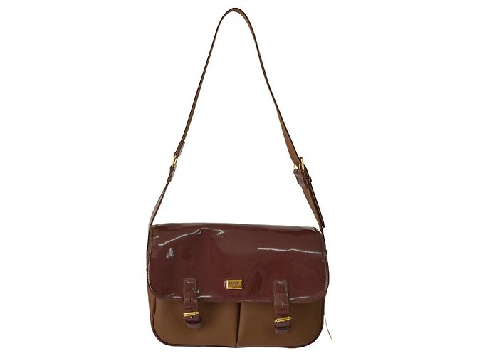 Borsa a tracolla Gianfranco Ferré in tela e pelle vernice marrone - vista 6