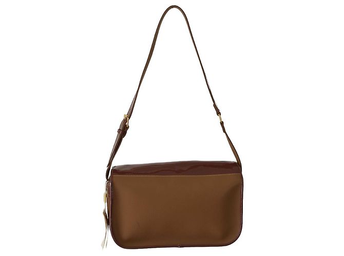 Borsa a tracolla Gianfranco Ferré in tela e pelle vernice marrone - vista 7