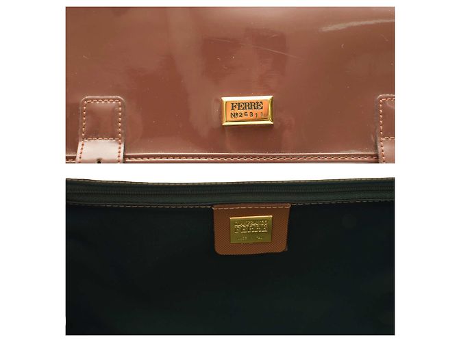 Borsa a tracolla Gianfranco Ferré in tela e pelle vernice marrone - vista 8