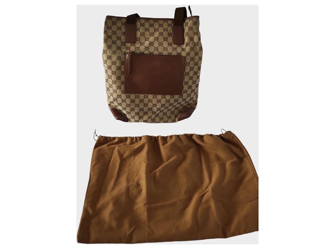 Borsa shopping Gucci marrone in pelle e tela Marrone chiaro - vista 4