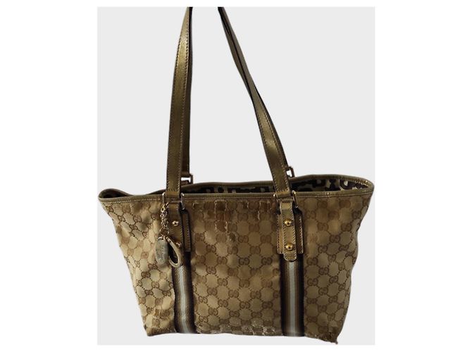 Borsa Tote Gucci Monogramma Marrone Beige Pelle D'oro Gold hardware - vista 2