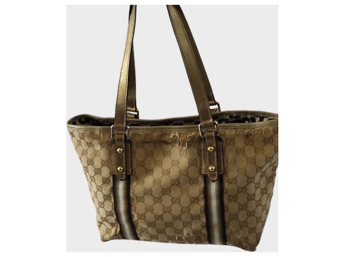 Borsa Tote Gucci Monogramma Marrone Beige Pelle D'oro Gold hardware - vista 3