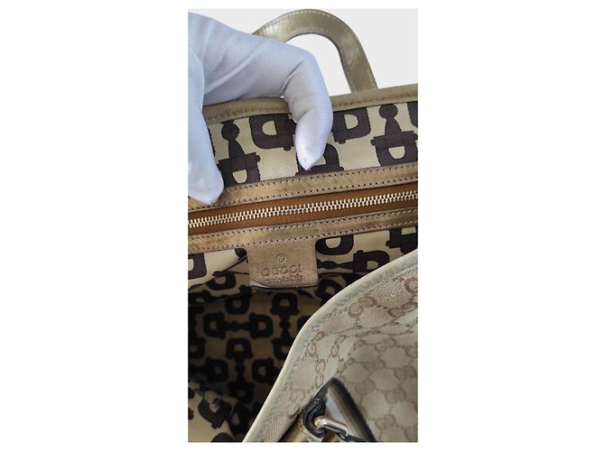 Borsa Tote Gucci Monogramma Marrone Beige Pelle D'oro Gold hardware - vista 8