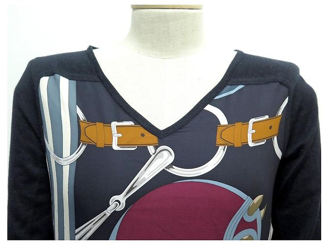 Hermès NEUER HERMES TWILLAINE-PULLOVER MIT TATERSALE-DRUCK 38 M IN KASCHMIR-SEIDEN-BOX Marineblau - Ansicht 3