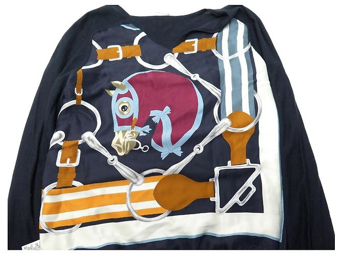 Hermès NEUER HERMES TWILLAINE-PULLOVER MIT TATERSALE-DRUCK 38 M IN KASCHMIR-SEIDEN-BOX Marineblau - Ansicht 4