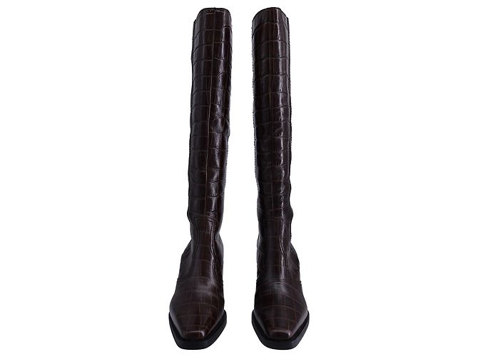 Botas de cano alto Ganni Western em couro marrom com efeito crocodilo - vista 2