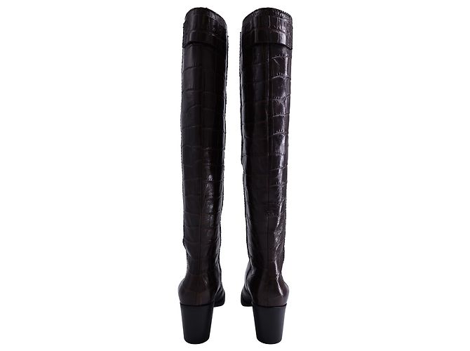Botas de cano alto Ganni Western em couro marrom com efeito crocodilo - vista 3