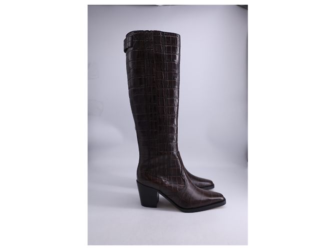 Botas de cano alto Ganni Western em couro marrom com efeito crocodilo - vista 6