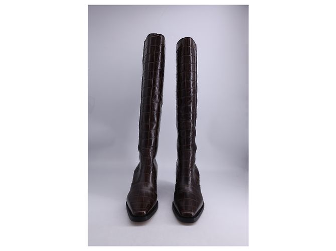 Botas de cano alto Ganni Western em couro marrom com efeito crocodilo - vista 7