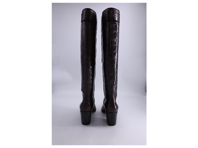 Botas de cano alto Ganni Western em couro marrom com efeito crocodilo - vista 8