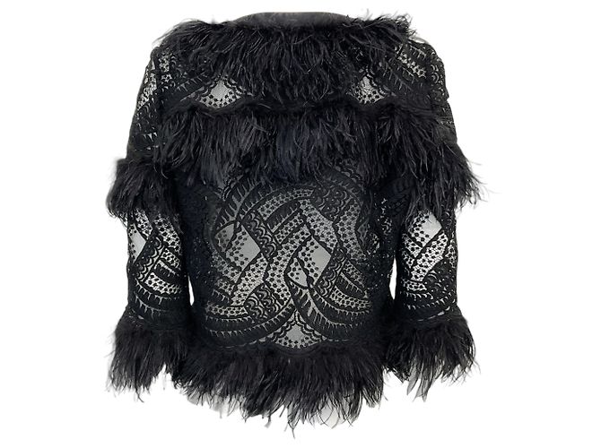 Zuhair Murad Black Feather And Lace Open Front Jacket - view 3