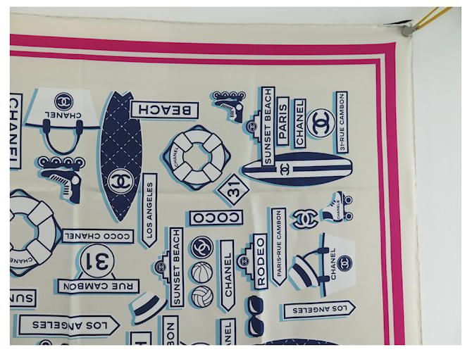 NUOVA SCIARPA DA SPIAGGIA CHANEL LOGO CC COCO CAMBON SCIARPA IN SETA BIANCO ROSA BLU - vista 3