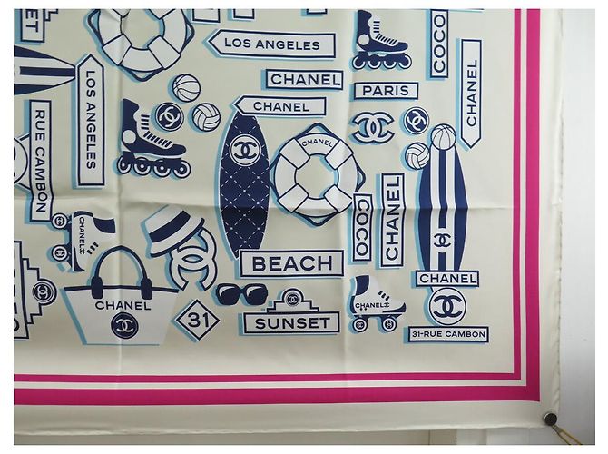 NUOVA SCIARPA DA SPIAGGIA CHANEL LOGO CC COCO CAMBON SCIARPA IN SETA BIANCO ROSA BLU - vista 4