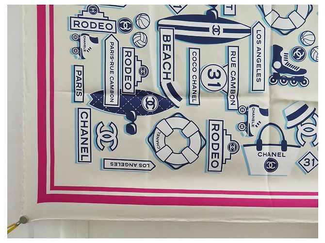 NUOVA SCIARPA DA SPIAGGIA CHANEL LOGO CC COCO CAMBON SCIARPA IN SETA BIANCO ROSA BLU - vista 5