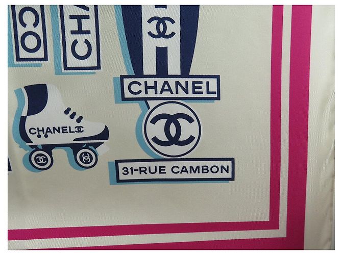 NUOVA SCIARPA DA SPIAGGIA CHANEL LOGO CC COCO CAMBON SCIARPA IN SETA BIANCO ROSA BLU - vista 6