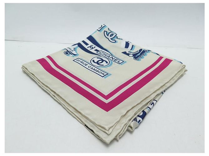 NUOVA SCIARPA DA SPIAGGIA CHANEL LOGO CC COCO CAMBON SCIARPA IN SETA BIANCO ROSA BLU - vista 7
