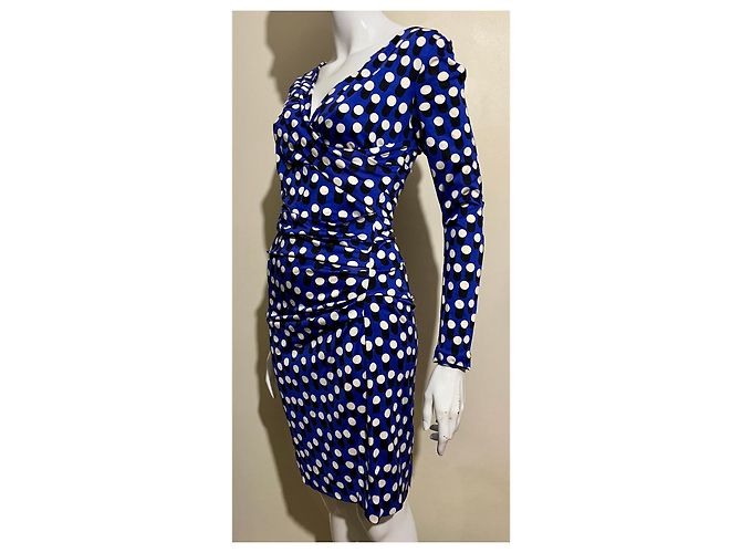 Diane Von Furstenberg DvF Bentley gerafftes Kleid mit Polka Dots Schwarz Weiß Blau - Ansicht 2
