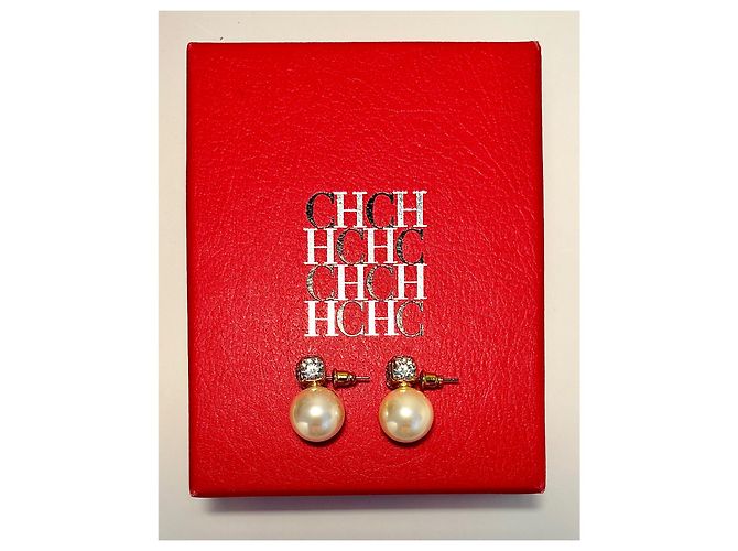 Orecchini a goccia placcati in oro con cristalli e perle sintetiche di CH Carolina Herrera. Crudo Gold hardware - vista 6