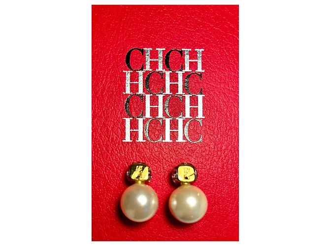 Orecchini a goccia placcati in oro con cristalli e perle sintetiche di CH Carolina Herrera. Crudo Gold hardware - vista 8