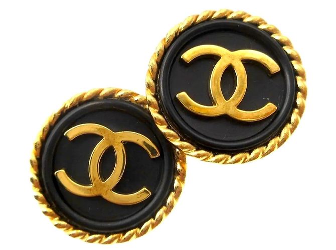 Pendientes de botón CHANEL con el logo CC entrelazado de 1995 Negro Dorado - vista 3
